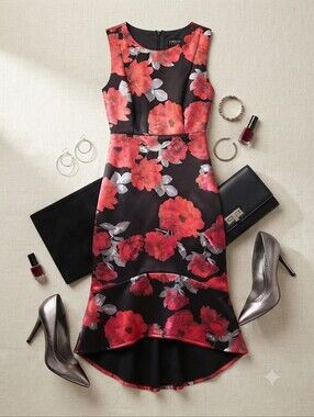 Enfocus Studios Black Silver Red Rose Print Fitted High Low Midi Dress